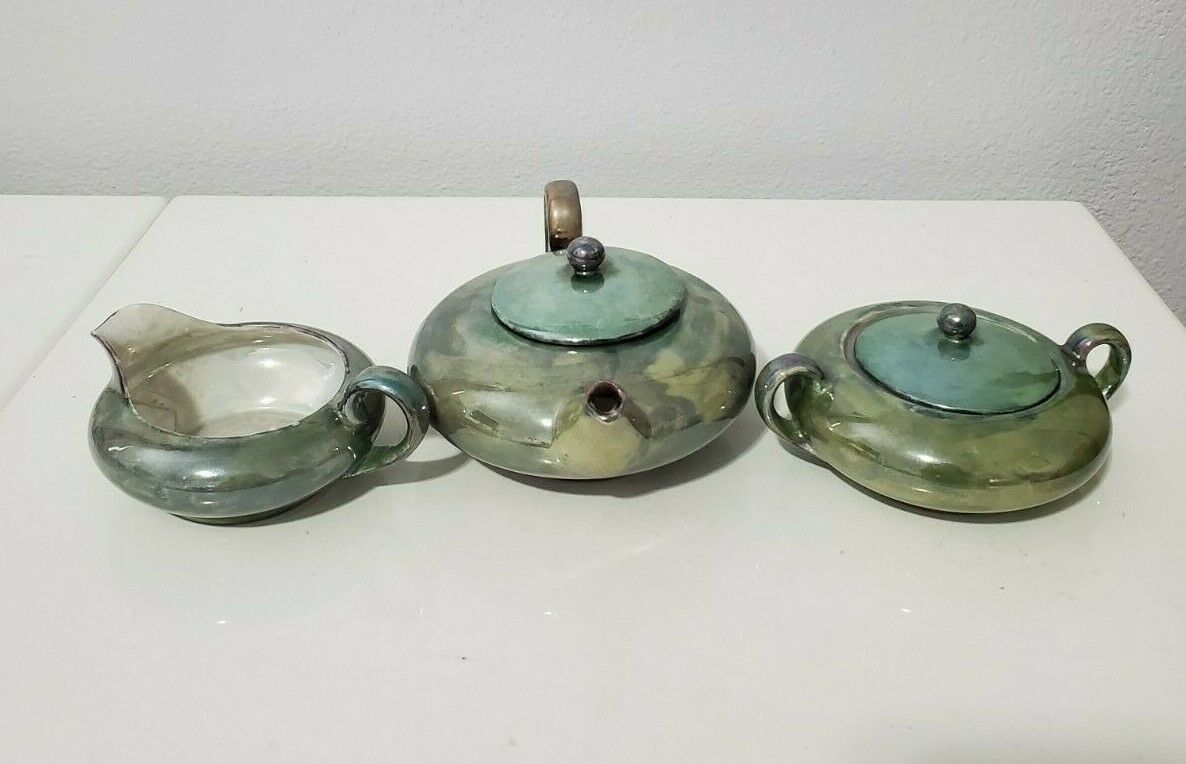 O&eg Royal Austria Porcelain Tea Pot, Sugar Bowl And Cream Pitcher Iridescent