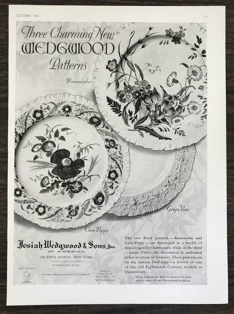 1931 Josiah Wedgwood & Sons Ad 3 New Patterns Corn Poppy Grape Vine Ranunculus