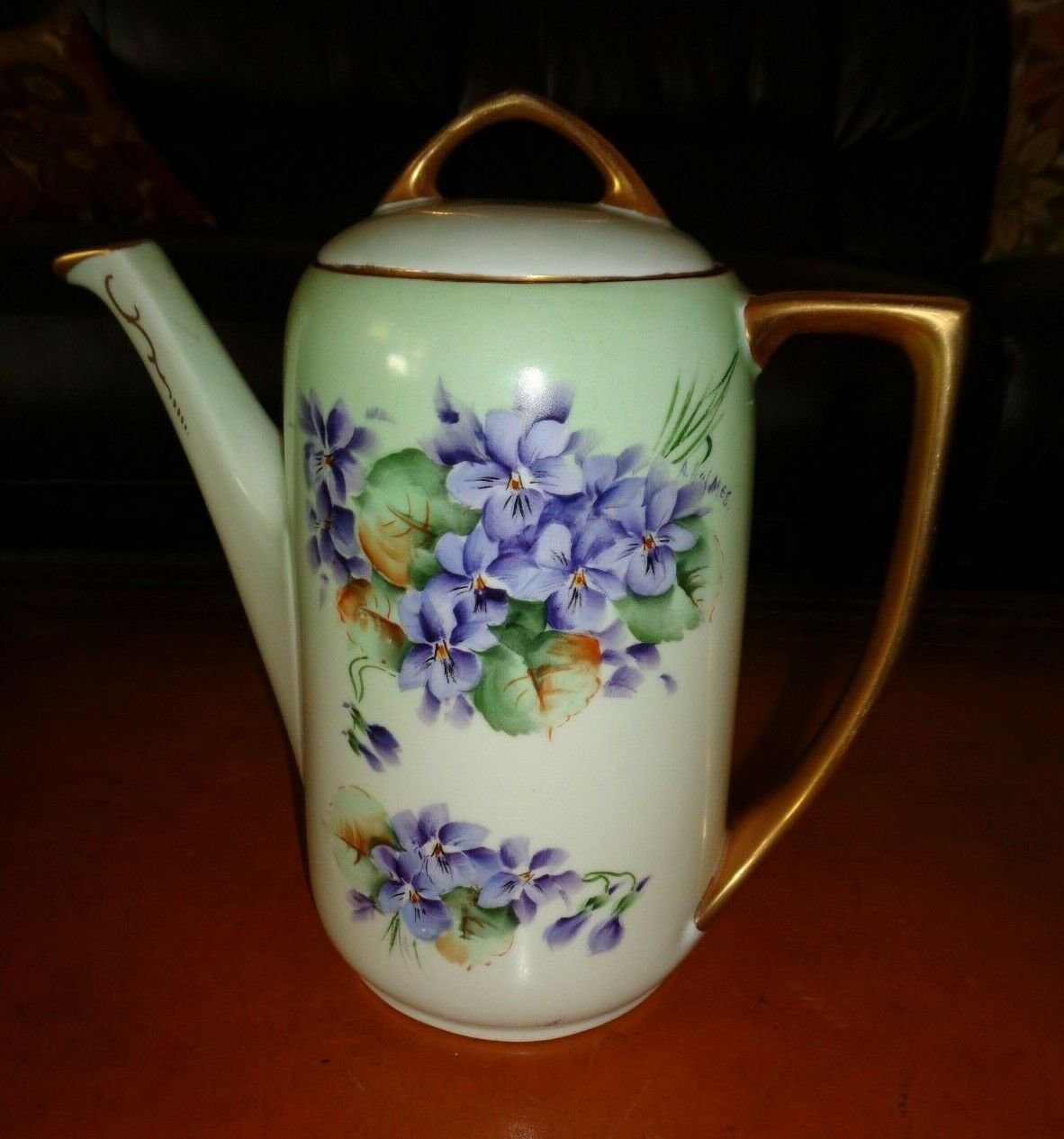 Hand Painted Signed "a.holmes" Mz Austria Coffee Tea Pot, Violets & Gold, 10"