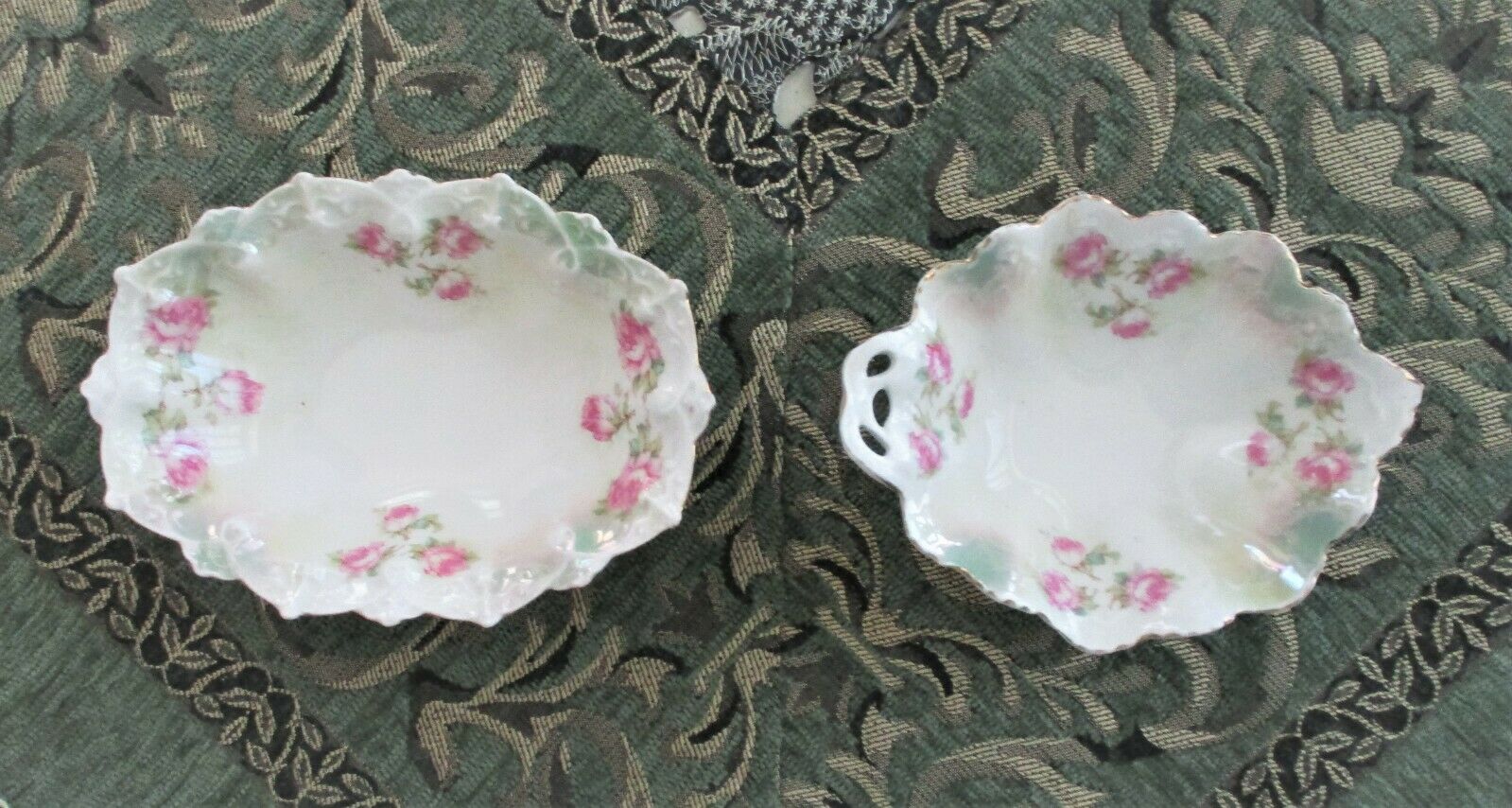 Antique Mz Austria Hand Painted Scalloped Floral Rose Porcelain Candy Dishes (2)