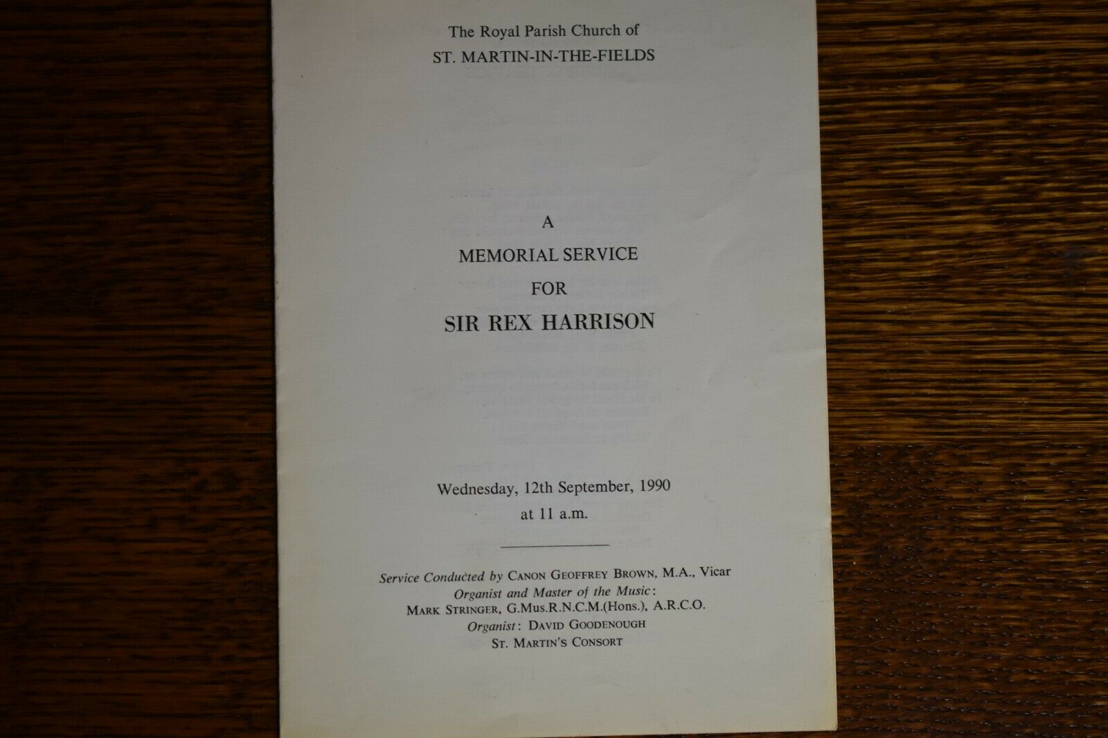 Program For Memorial Service For Sir Rex Harrison, London, 9-12-1990