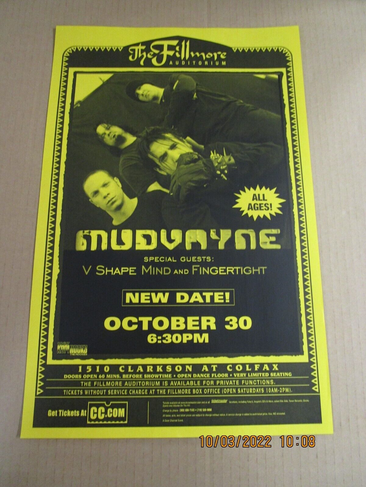 Mudvayne Flyer/poster New! Unused! October 30, 2003 Fillmore Auditorium Denver