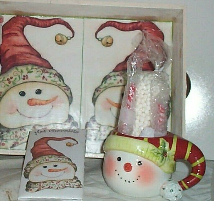 Wood Clown Tray Gift Basket Mug Coco Peppermint Spoons Marshmallows