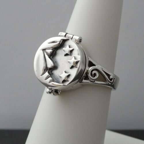 Crescent Moon Poison Ring - 925 Sterling Silver - Locket Suicide Ring Stars