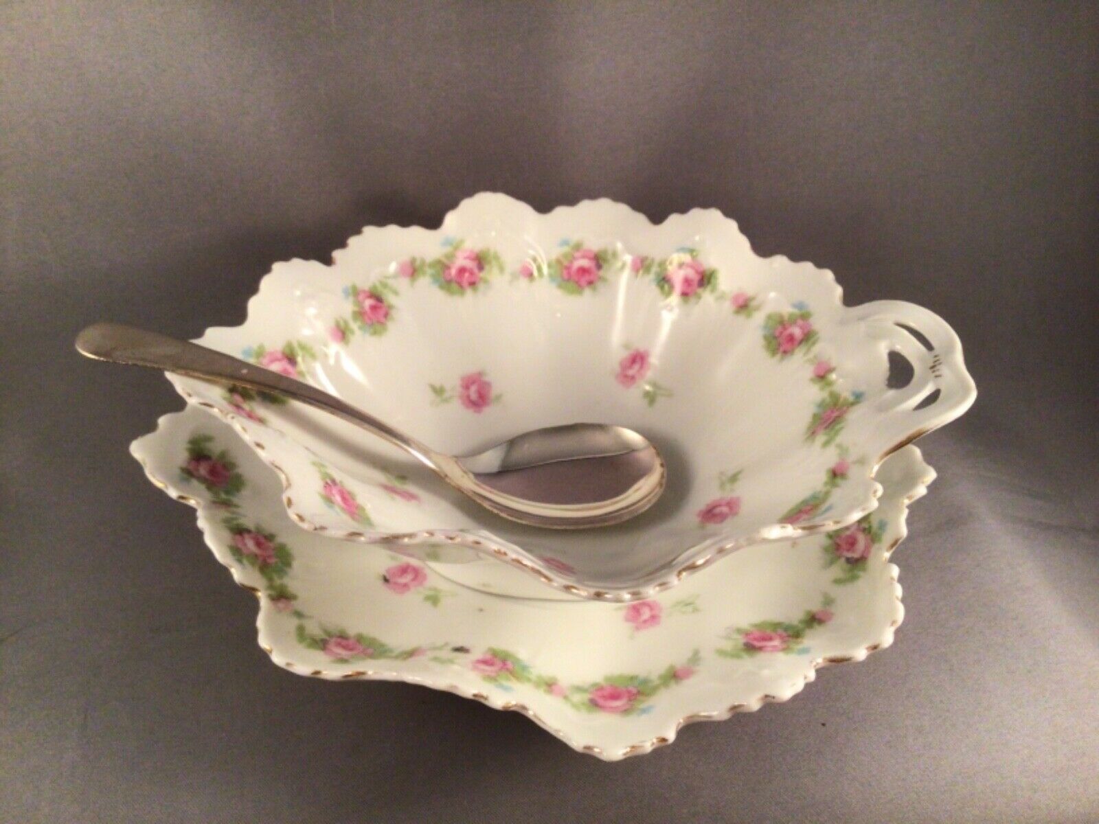 Antique M.z. Austria Mayonnaise Set Nappy Bowl Underplate Spoon Pink Garland