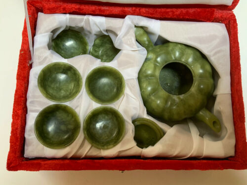 Vintage 8 Piece Chinese Green Jade Tea Set Teapot Tray 6 Cups
