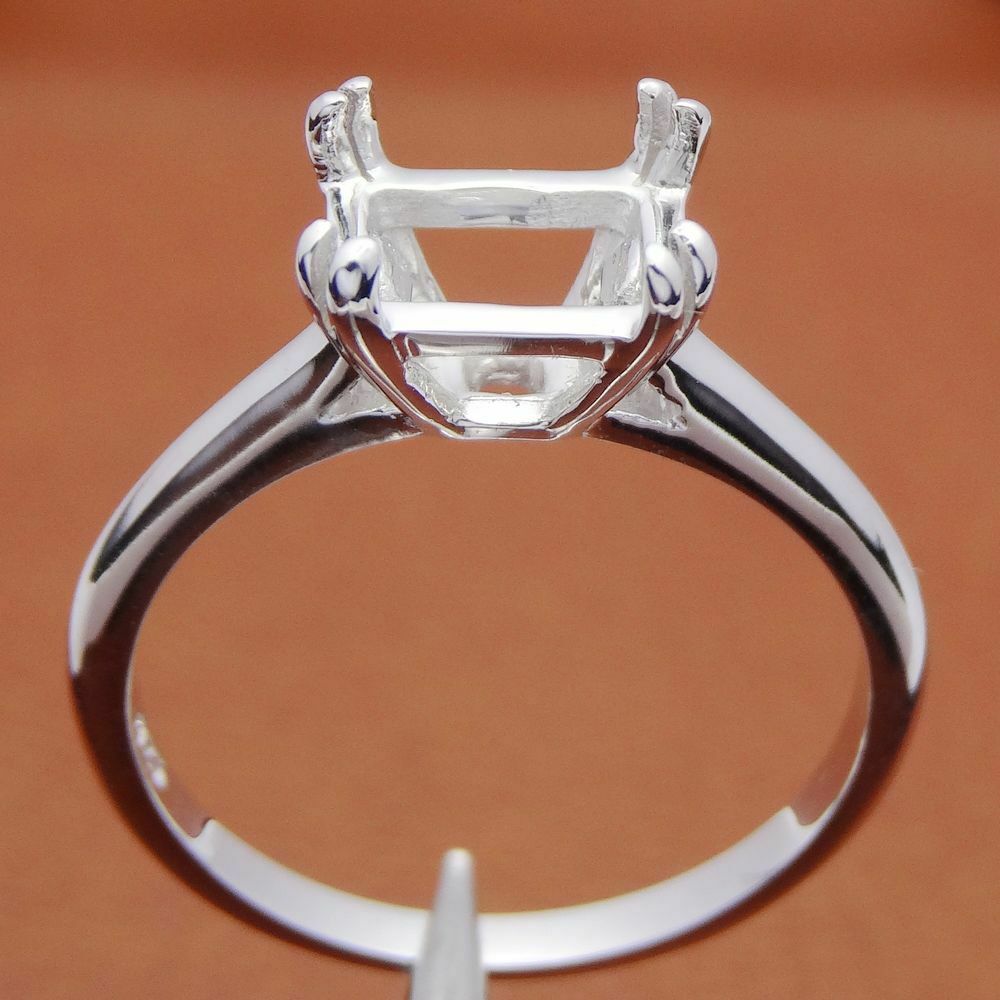 6x8mm Emerald Cut 925 Silver Ring Solitaire Semi Mount Setting Engagement Ring