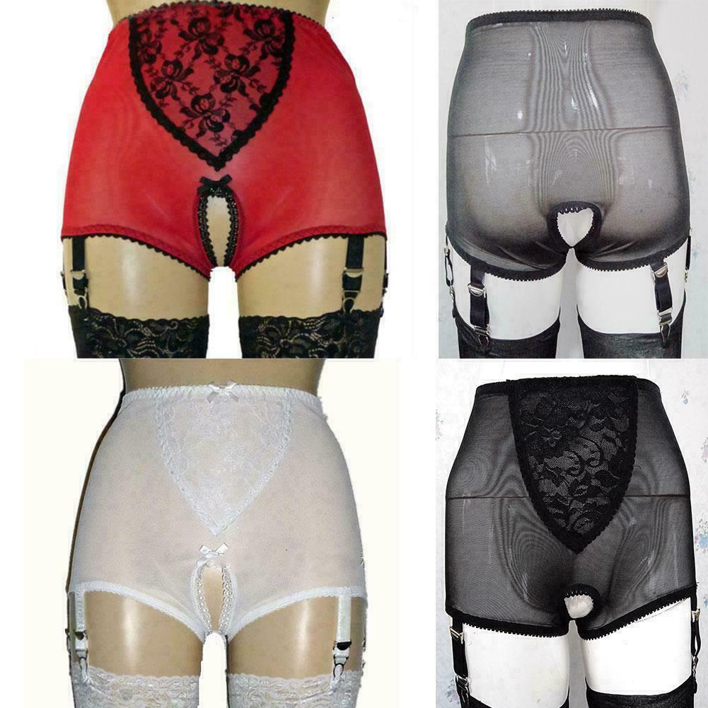 Alacki High-waist Crotchless Garter Panty Lace Mesh Lingerie 6 Straps Suspender