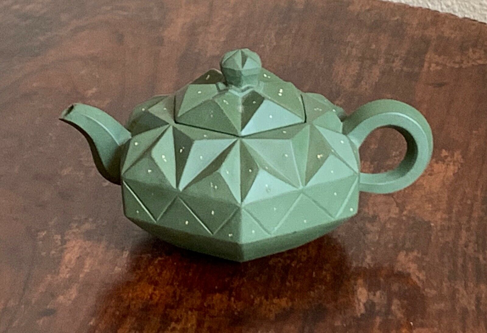 Unusual Chinese Yixing Zisha Green Clay Geometric Teapot, Signed Artist's Seal