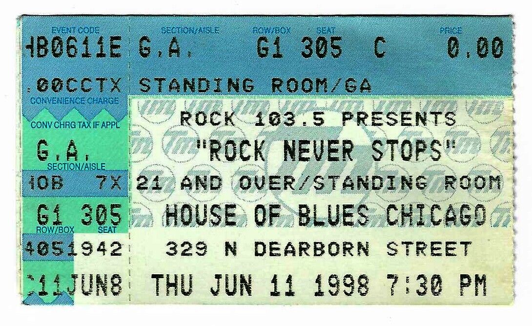 Slaughter Rock Never Stops 6/11/98 Chicago Il House Of Blues Rare Ticket Stub