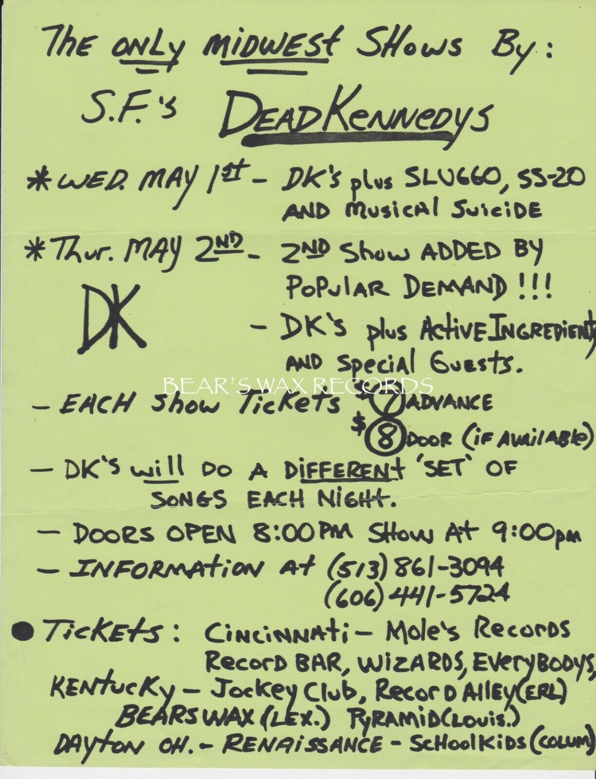 Dead Kennedys Concert Flyer Original 1985 Jockey Club Newport Ky