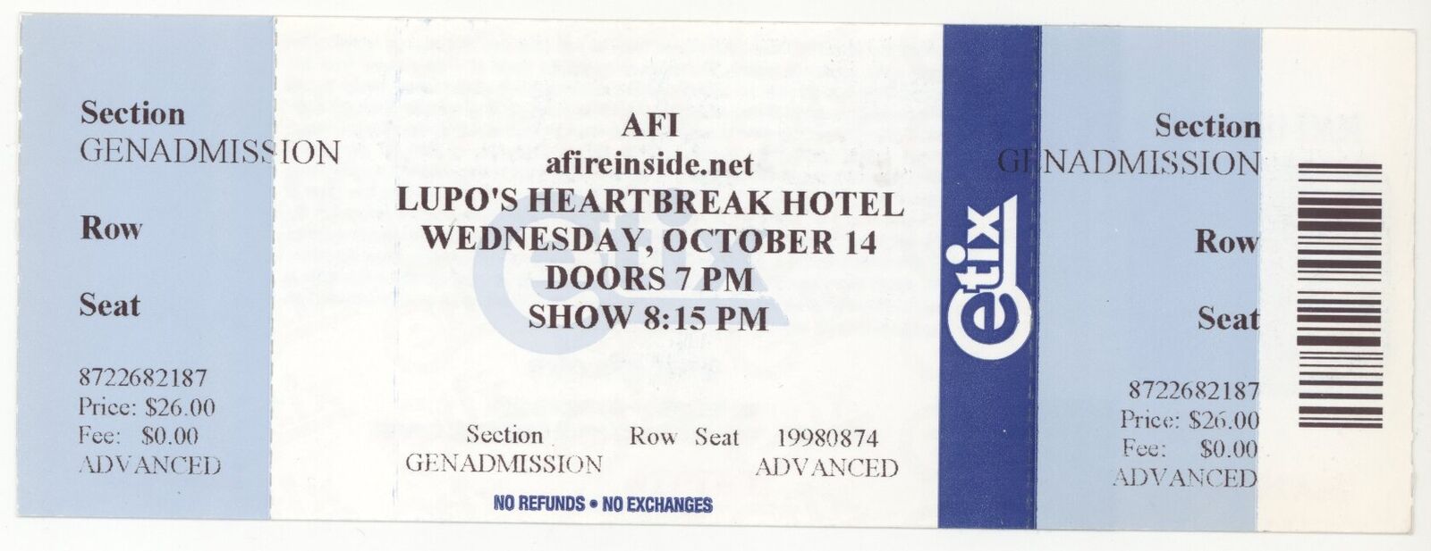 A Fire Inside 10/14/09 Hartford Ct Webster Theater Concert Rare Ticket! Afi