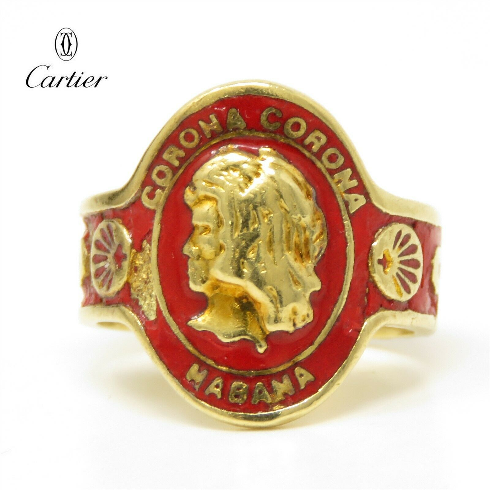 Nyjewel Estate Antique Cartier 18k Yellow Gold Cigar Band Signet Red Enamel Ring