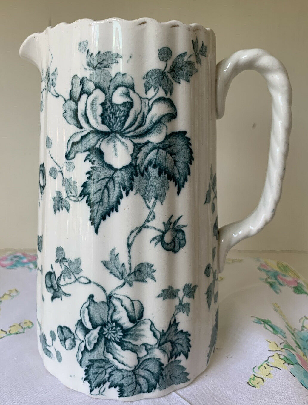 Lovely Vintage Austria Teal Blue China Pitcher ~ Decal Ware!  Beautiful Con